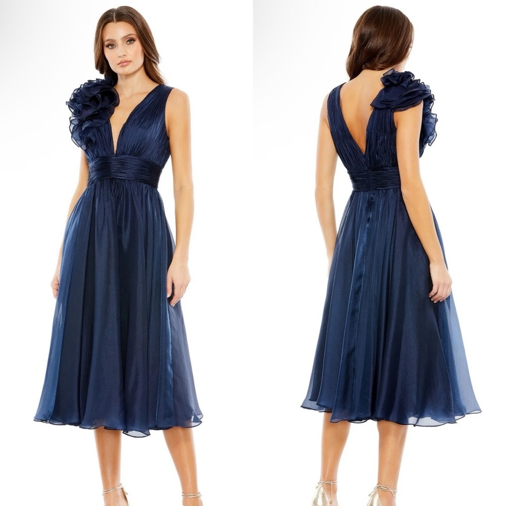 Mac Duggal Navy Blue Midi Dress with Floral Shoulder Detail